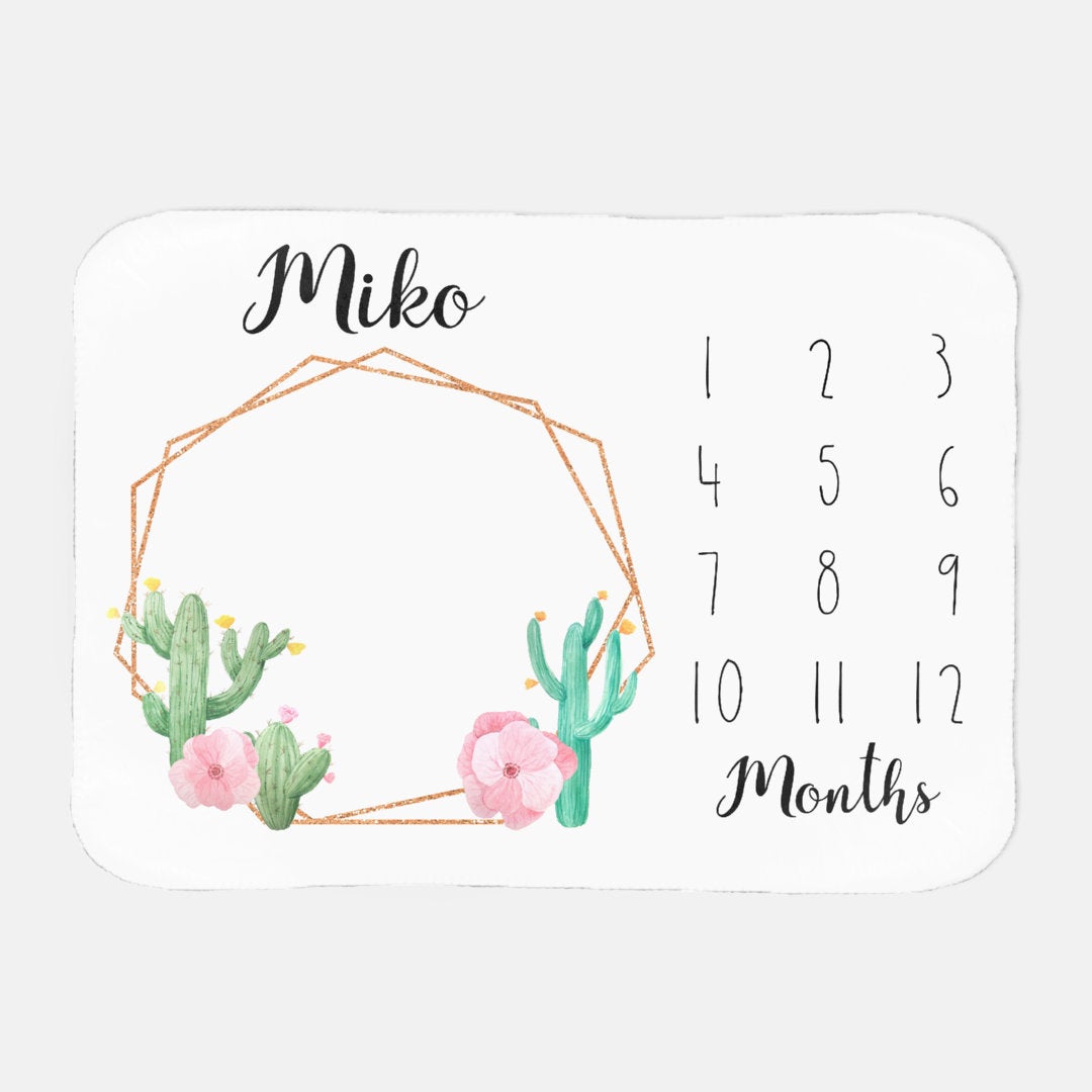 Personalized Baby Monthly Milestone Blanket, Calendar Photo Prop, Track Growth, Age, Watch Me Grow, Cactus, Girl, Shower Gift, 30x40 Sherpa