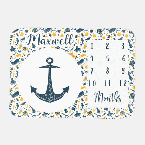 Baby milestone blanket, personalized baby blanket, milestone blanket boy, monthly, growth blanket, nautical, ocean, sailboat, anchor, navy