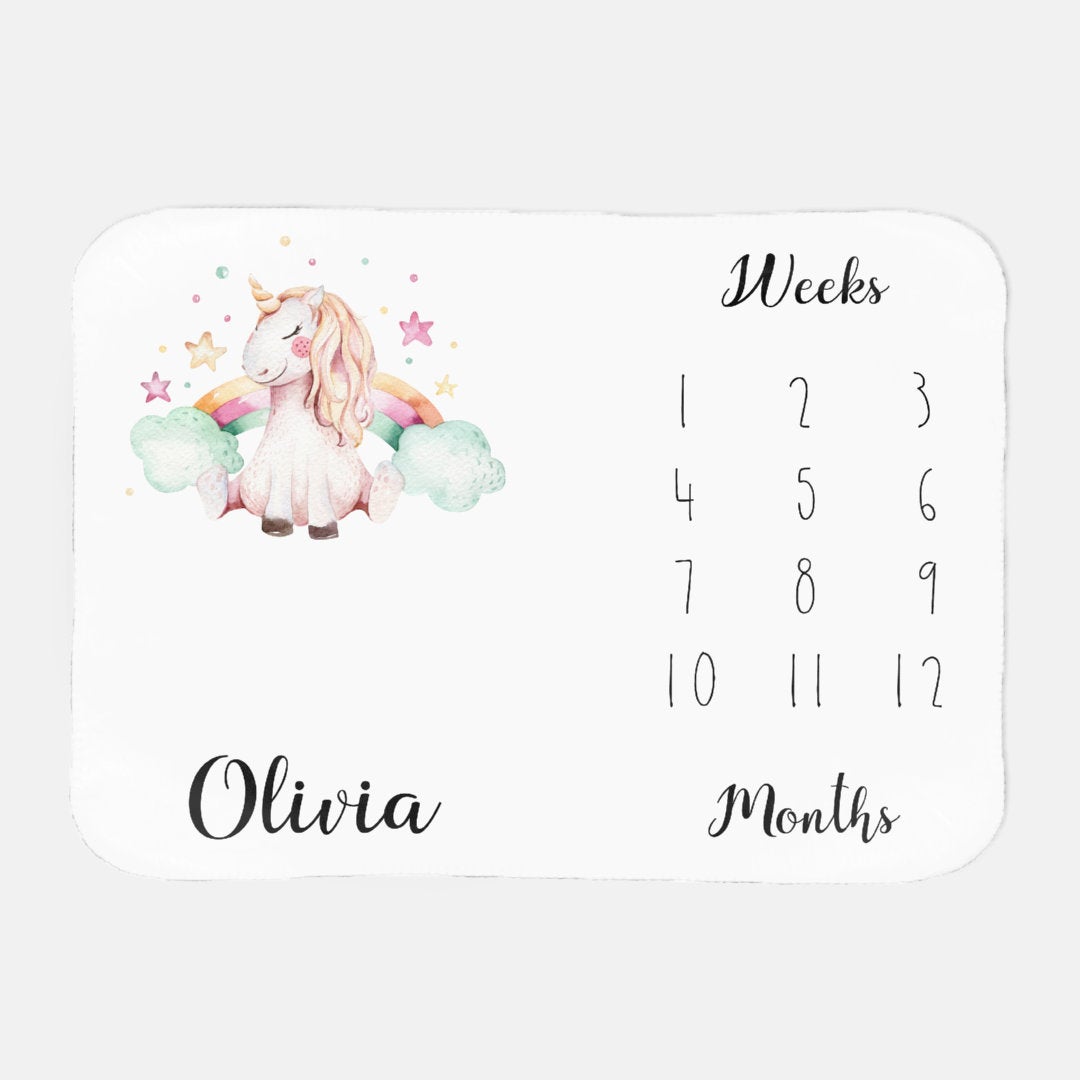 Personalized Baby Monthly Milestone Blanket, Calendar Photo Prop, Track Growth, Age, Watch Me Grow, Unicorn, Girl, Shower Gift, 30x40 Sherpa